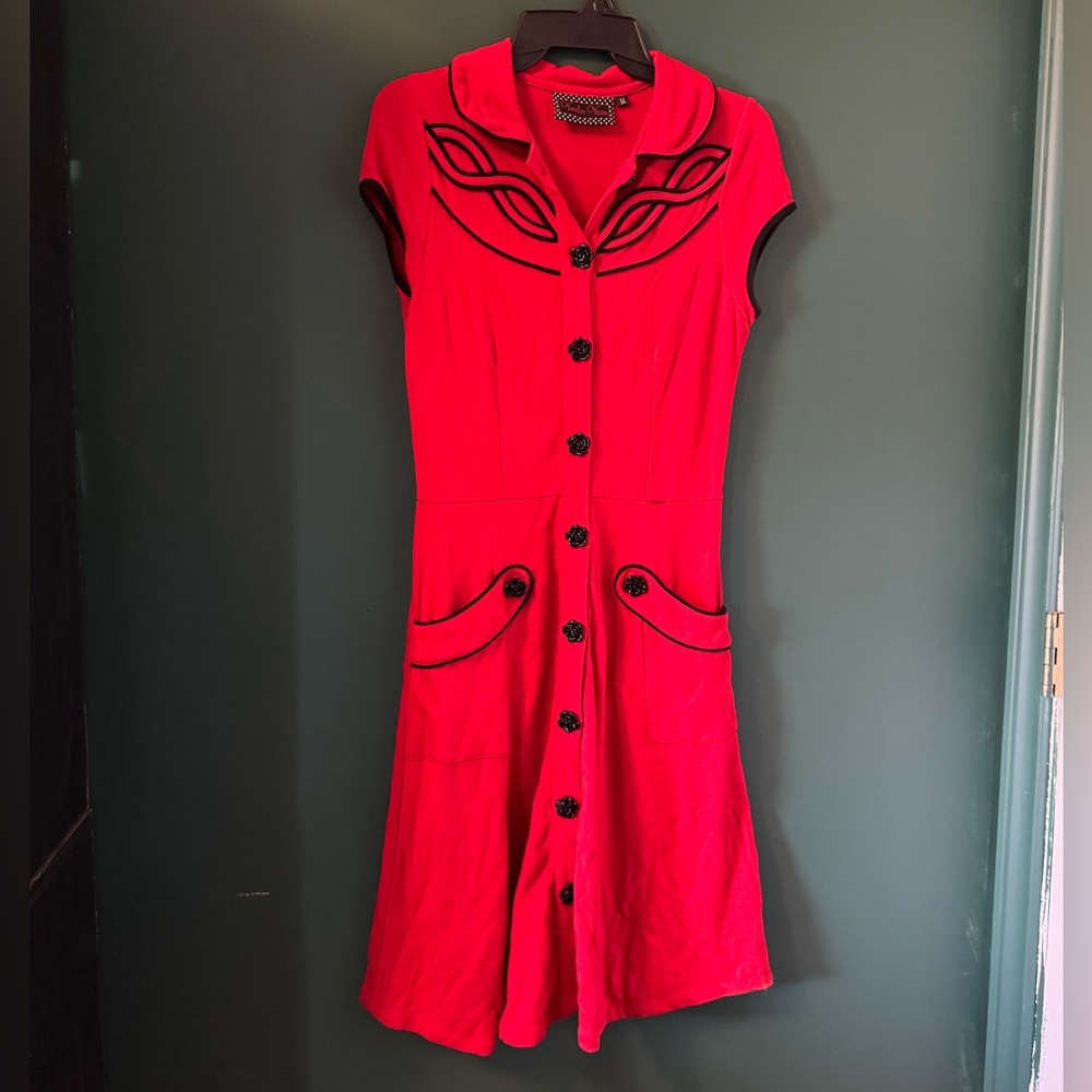 Voodoo Vixen Red Buttoned Midi Dress with Peter Pan Collar